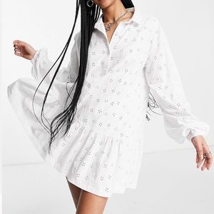 Eyelet detail long sleeve mini white shirt dress - Size US 8